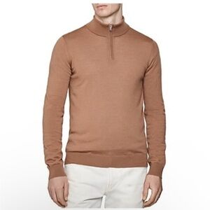 Reiss Blackhall 1/4 Zip Mock Neck Extrafine Merino Wool Pullover Sweater Camel L